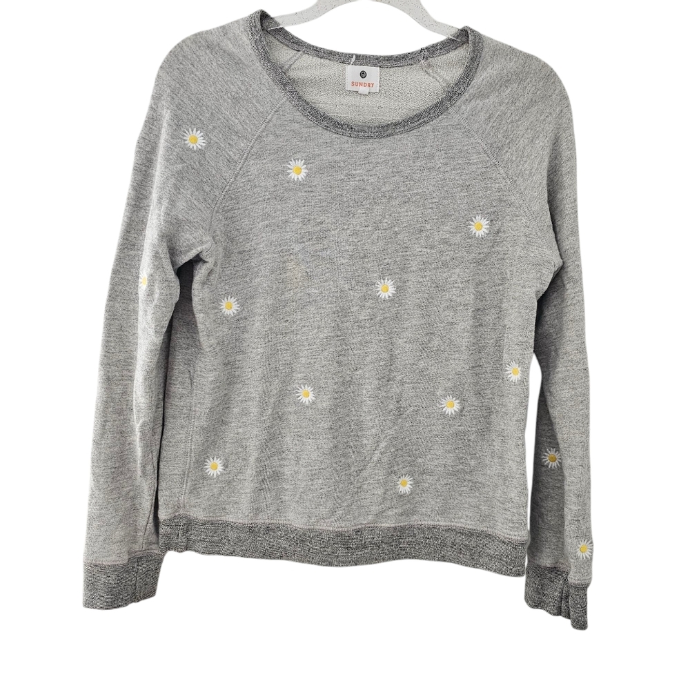 Sundry Womens Gray Daisy Embroidered Pullover Long Sleeve Sweatshirt Top 1 Small